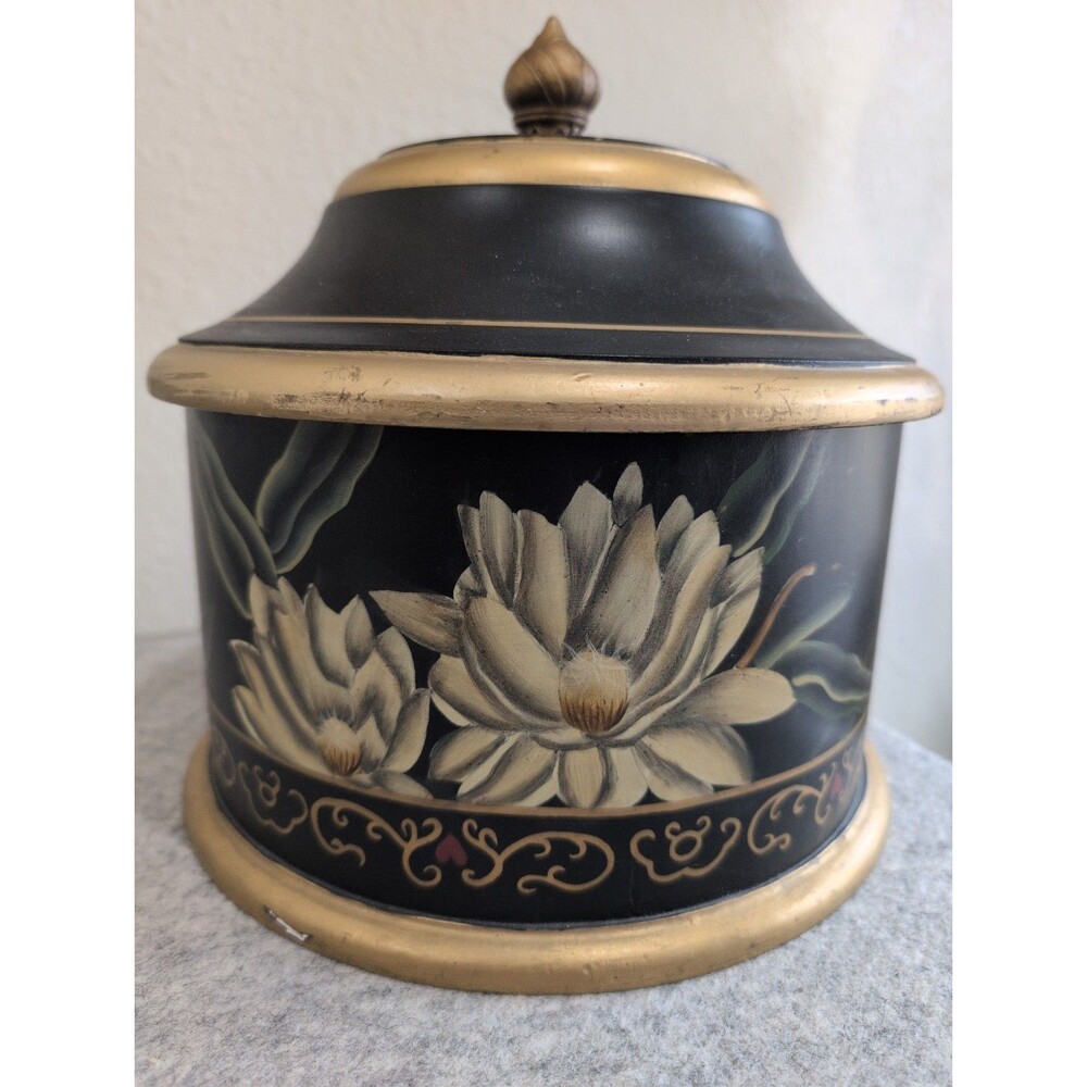 Vintage Black & Gold Floral Lidded Jar Decor Japanese Inspired, Lotus Flower